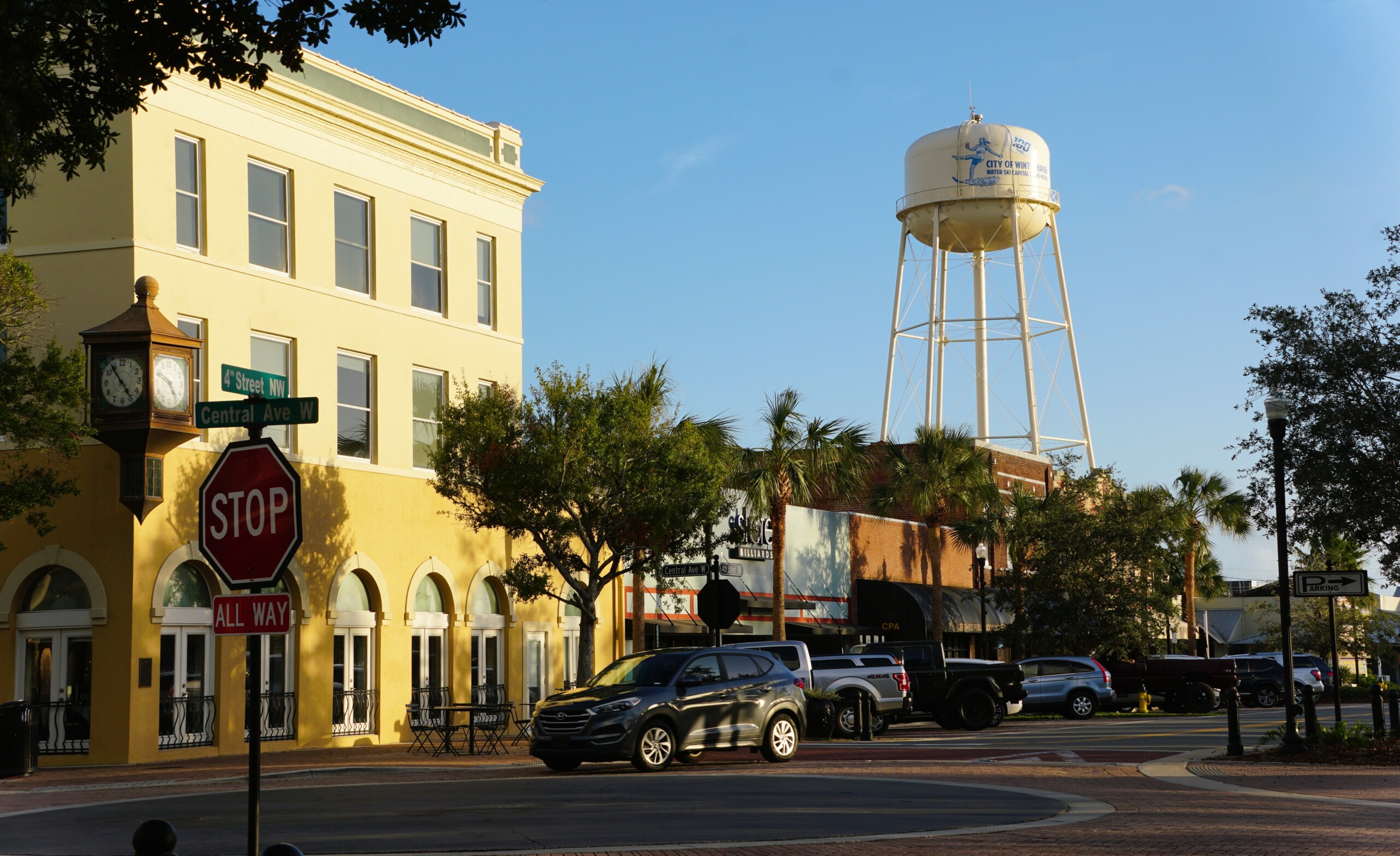 Winter Haven, Florida, U.S.A - November 10, 2024 - The city's water tower stands tall above the historic buildings, a testament to the town's enduring spirit